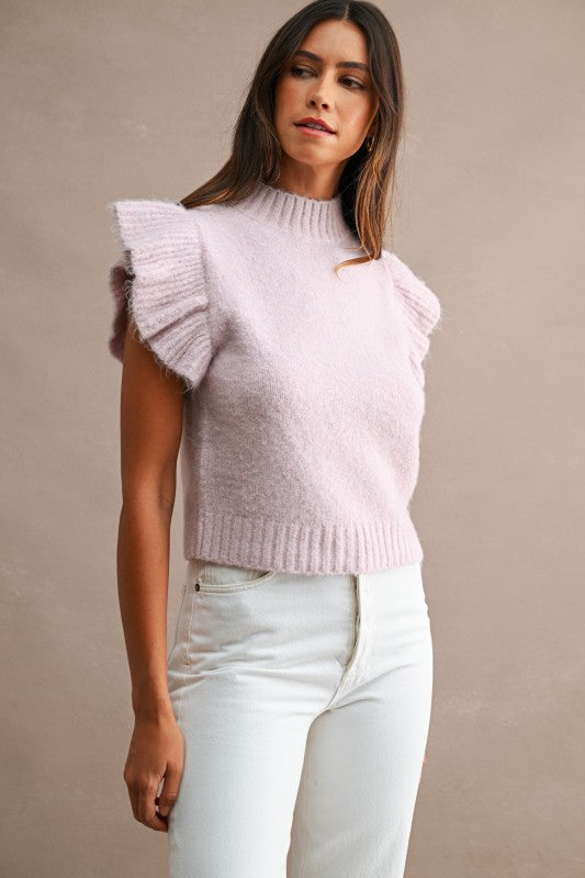KNITTED VEST W/ RUFFLE SLEEVE IN PINK LAVENDER